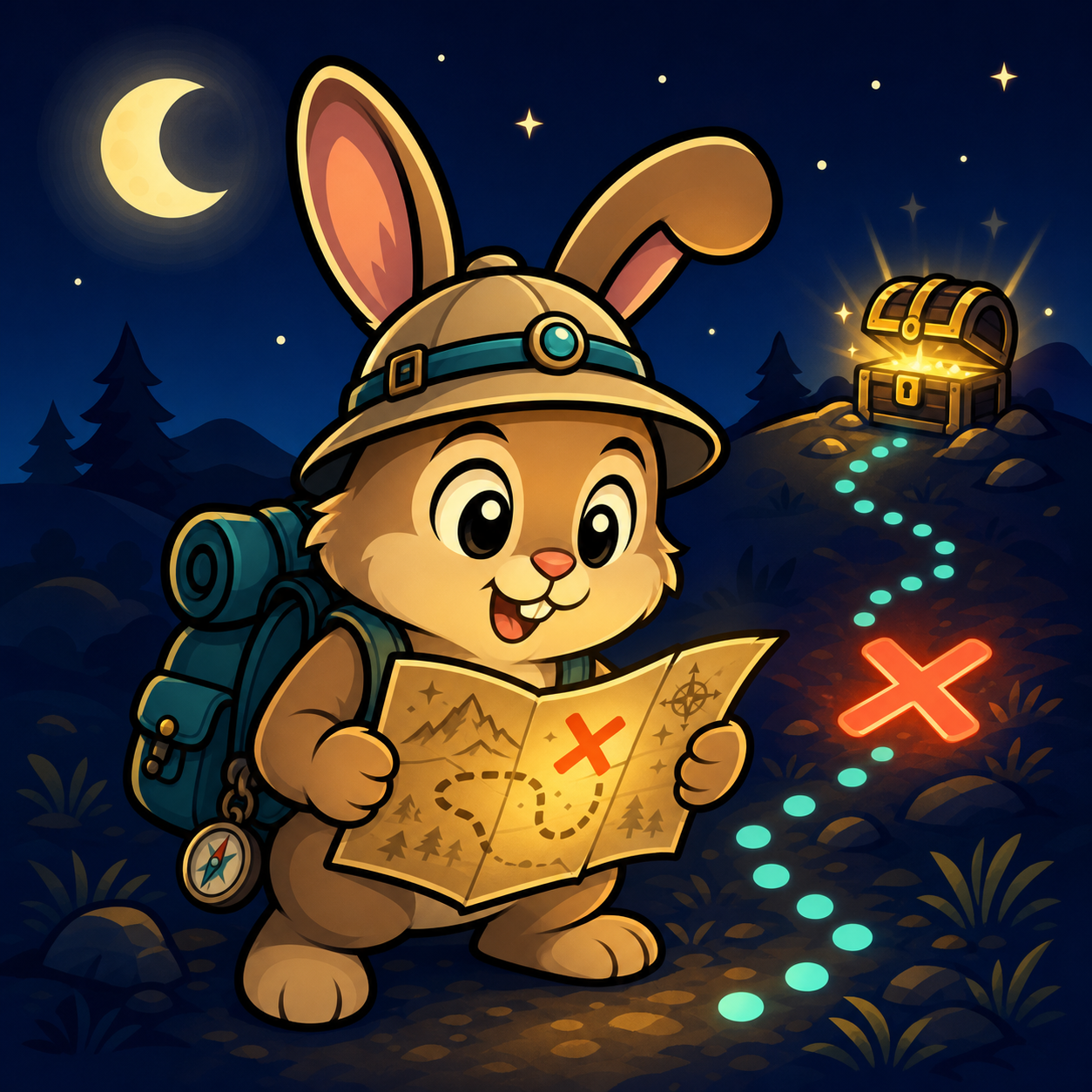 Bunny Curiositter explorer holding a treasure map near a glowing clue trail and chest