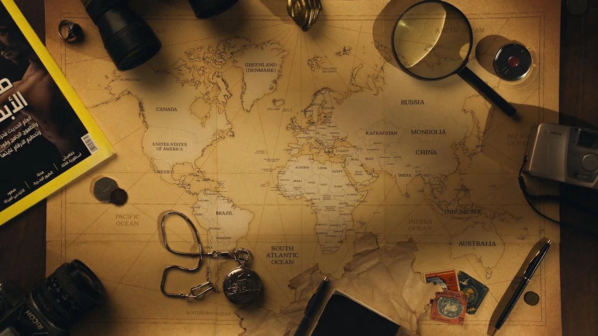 Treasure map, compass, and worn paper laid out on a wooden table