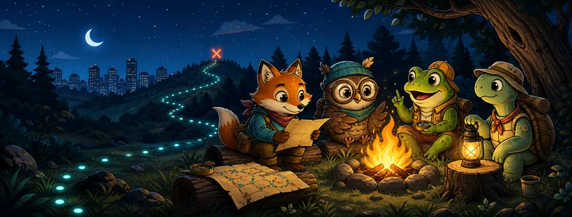Curiositters gathered around a glowing campfire